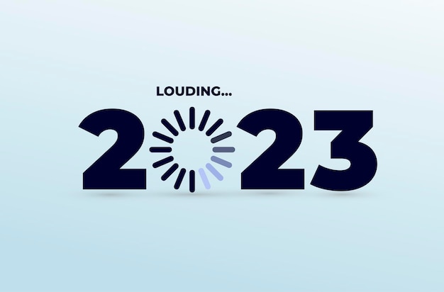 Doodle con carga de 2023. Pantalla de descarga de año nuevo. Barra de progreso casi llegando a fin de año. Ilustración vectorial. Aislado sobre fondo blanco.