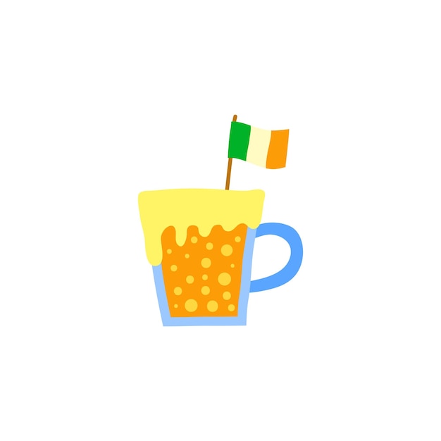 Doodle cerveza en taza de vidrio con bandera irlandesa
