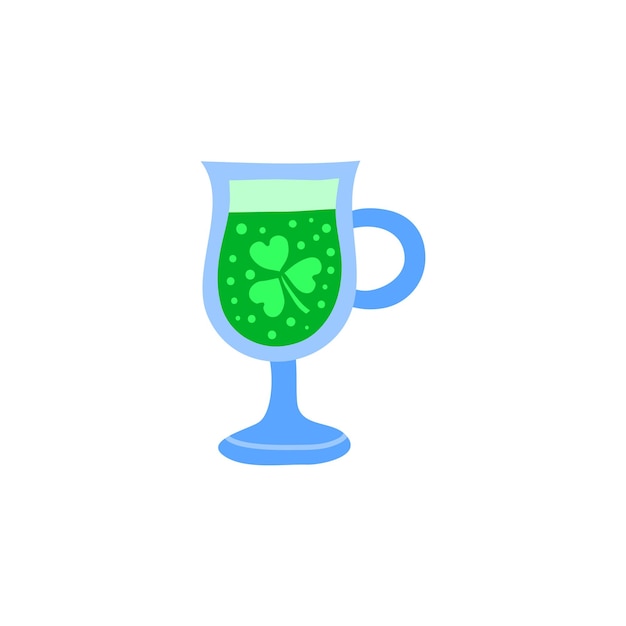 Doodle cerveza verde en taza de vidrio con trébol