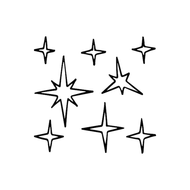 Doodle de cielo estrellado Clima nocturno claro Vector dibujado a mano símbolos de pronóstico meteorológico Conjunto de estrellas Icono de diseño web de línea delgada