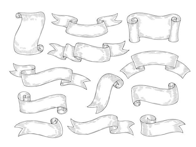 Doodle cintas Boceto banner cinta grabado etiquetas viejas mensaje en blanco bandera banderas dibujadas a mano