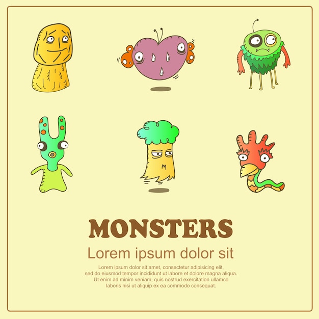 Doodle clásico de dibujos animados lindos monstruos