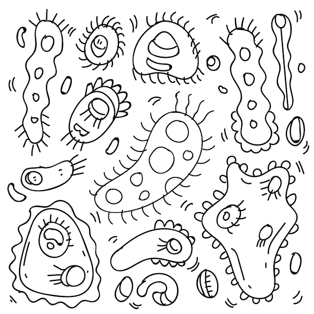 Doodle colección de doodle de tema de bacterias y virus en fondo blanco aislado, tema de bacterias y virus dibujados a mano.