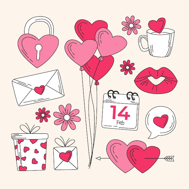 Doodle colección de elementos del día de san valentín