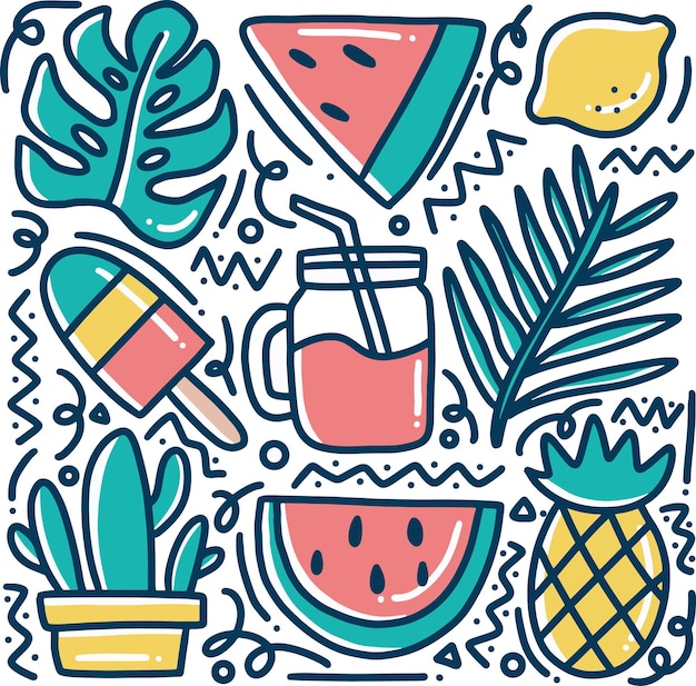 Doodle colección de frutas frescas hawaianas dibujadas a mano con iconos y elementos de diseño