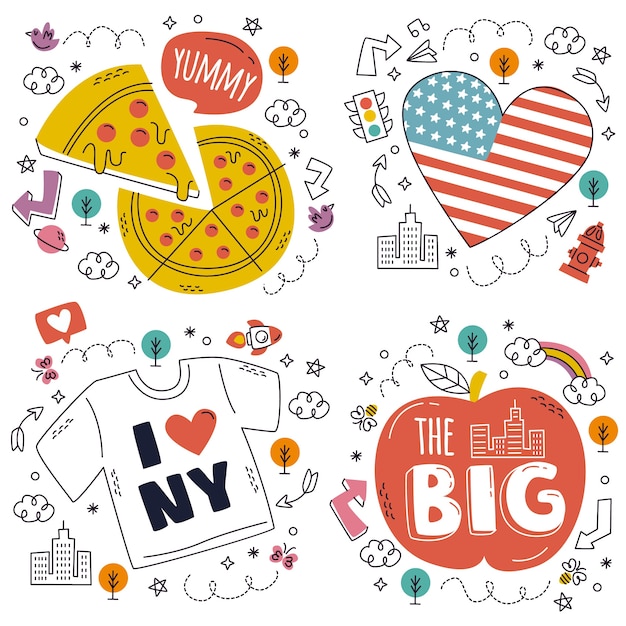 Doodle colección de pegatinas de nueva york dibujadas a mano