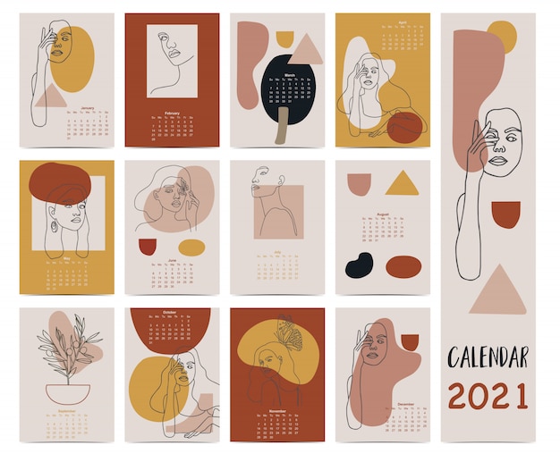 Doodle color calendar set 2021 con cara, mujer, círculo, cuadrado, geométrico, triángulo para negocios. se puede utilizar para imprimir gráficos