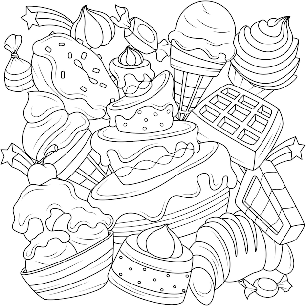 Vector doodle para colorear de diferentes tipos de dulces para niños