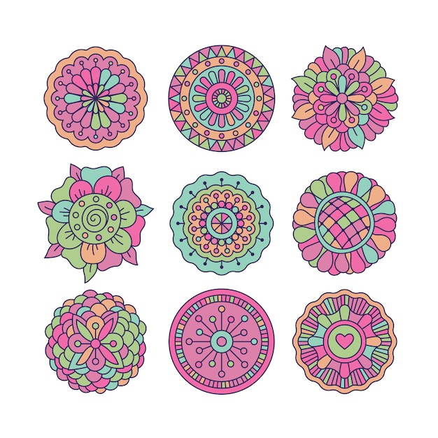 Doodle colorido elementos florales redondos