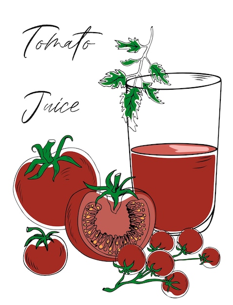 Doodle colorido del vaso de jugo de tomate servido con tomates frescos y vegetación