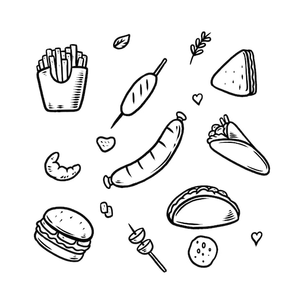 Doodle de comida chatarra conjunto ilustración dibujado a mano