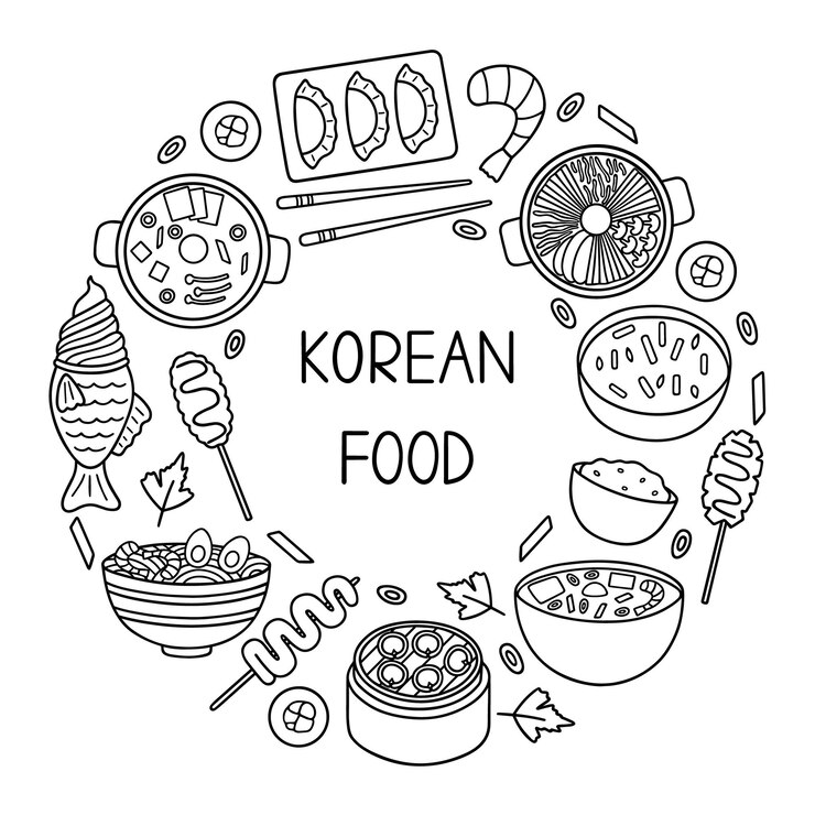 Vector doodle de comida coreana establece cocina asiática en estilo boceto