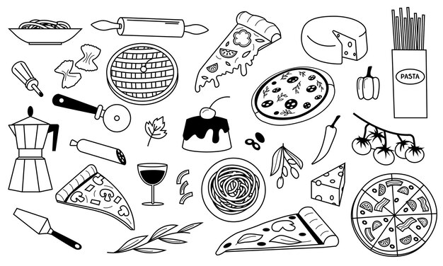 Doodle comida italiana fondo de cocina nacional con pasta de espagueti pizza y postre queso tomate pepperoni aceite de oliva ingredientes conjunto de vectores