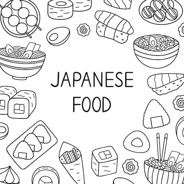 Doodle de comida japonesa establece cocina asiática en estilo boceto