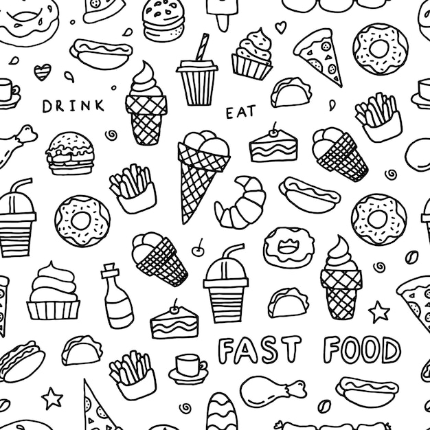 Doodle de comida rápida en blanco y negro