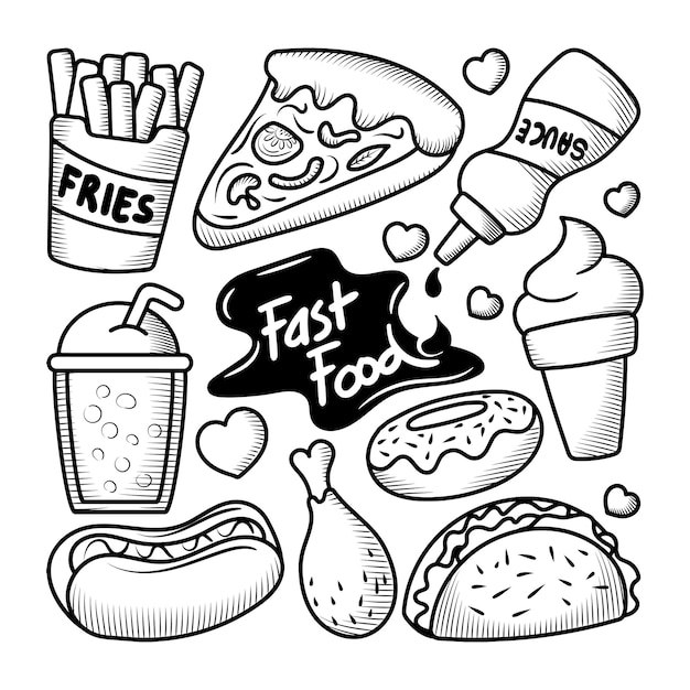 Doodle de comida rápida Colecciones de elementos dibujados a mano