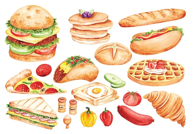 Doodle de comida rápida en estilo acuarela