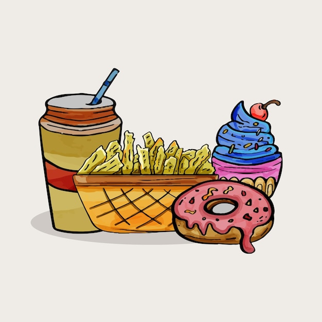 Vector doodle de comida rápida en estilo de pintura de acuarela vector de objetos de acuarela de comida chatarra