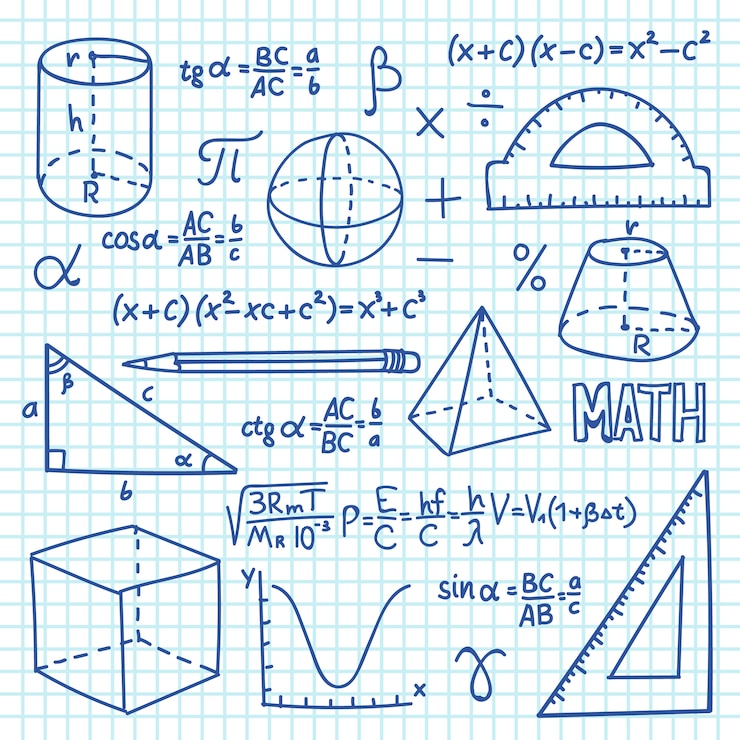 Vector doodle concepto de matemáticas y geometría. funciones de trigonometría, gráficos y fórmulas matemáticas. vector fondo de educación escolar
