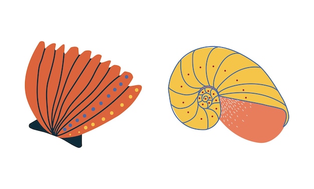 Doodle concha ornamental con conjunto vectorial de conchas marinas duras