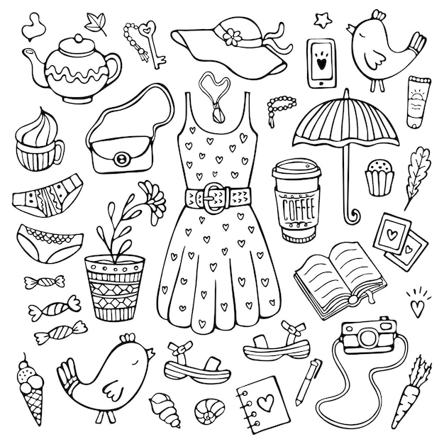 Vector doodle conjunto de accesorios y ropa de artículos de estilo de vida femenino para la temporada cálida