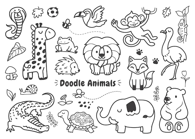 Vector doodle conjunto de animales simples en el bosque.