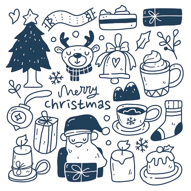 Doodle conjunto de colección de elementos de Navidad sobre fondo blanco aislado. Feliz Navidad