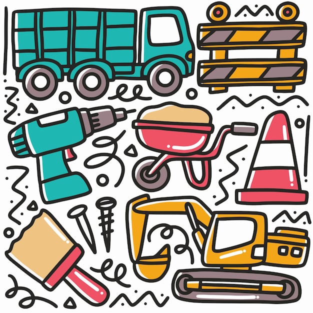 Doodle conjunto de construcción manual, herramientas de elementos con iconos y elementos de diseño