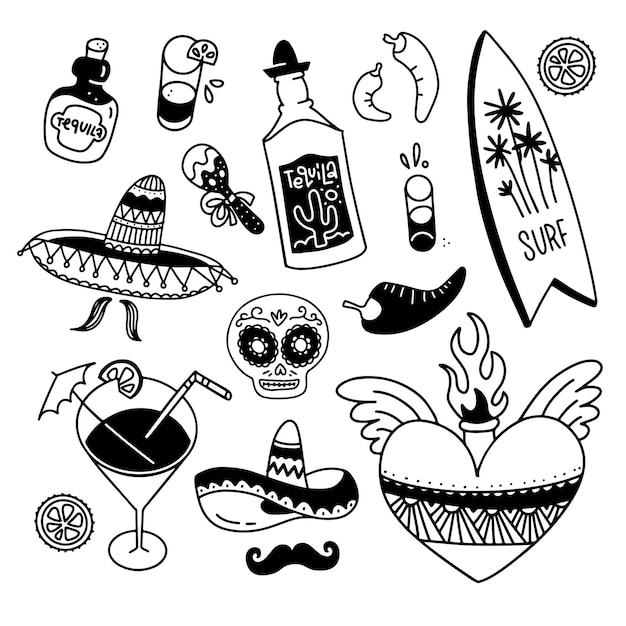 Doodle conjunto de cosas nacionales mexicanas estilo de dibujo lineal en blanco y negro elementos tradicionales de mí