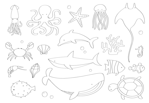 Doodle conjunto de criaturas marinas sobre fondo blanco.