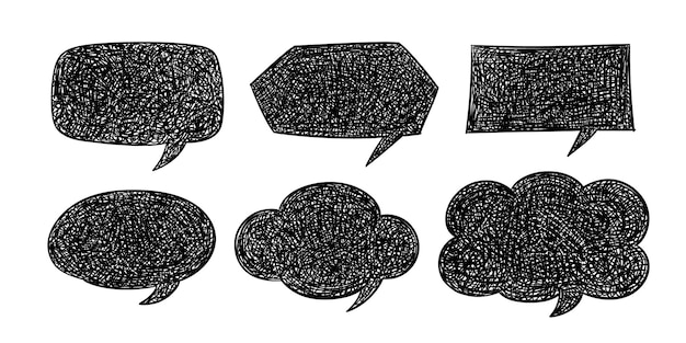 Doodle conjunto dibujado a mano de burbujas de comunicación de mensajes sobre fondo blanco Palabras