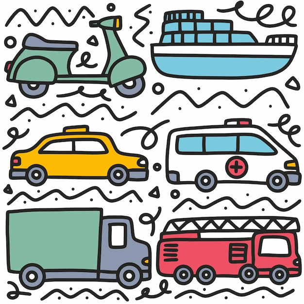 Vector doodle conjunto de dibujo a mano de transporte con iconos y elementos de diseño