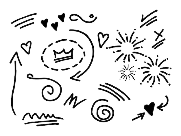 Doodle conjunto de elemento de diseño énfasis rizado swishes swoops remolino corazón amor flecha