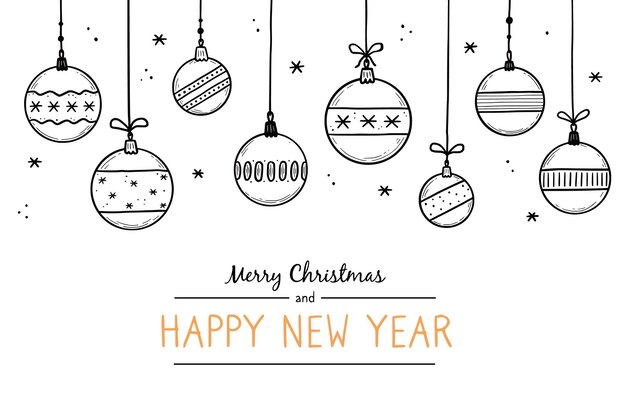 Doodle conjunto de elementos de bola de Navidad. Bola de estilo boceto dibujado a mano. Adorno navideño lindo para borde, diseño de fondo con lugar de texto. Ilustración de vector aislado.