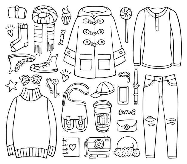 Doodle conjunto de elementos de ropa y accesorios para la temporada de frío.