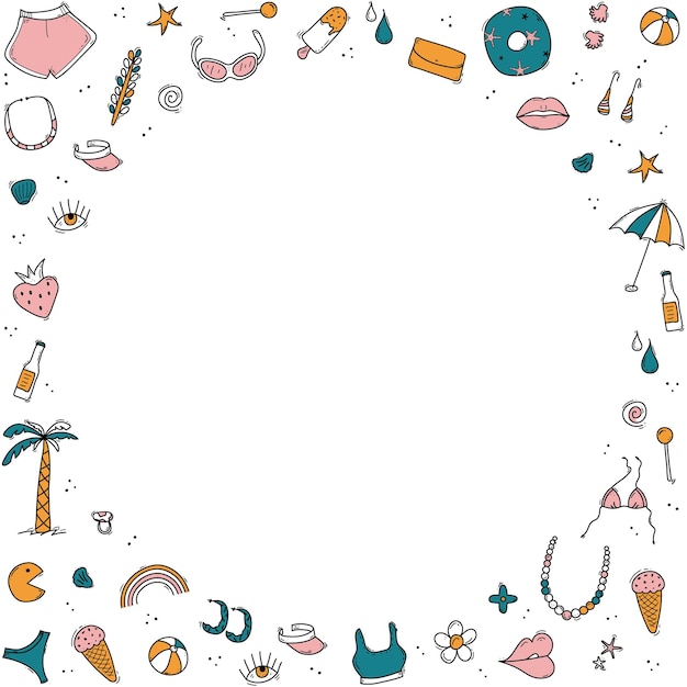 Doodle conjunto de elementos de vacaciones de verano de viaje combinados en forma de círculo. Plantilla dibujada a mano
