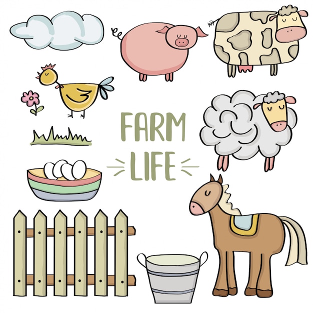 Vector doodle conjunto de granja de animales