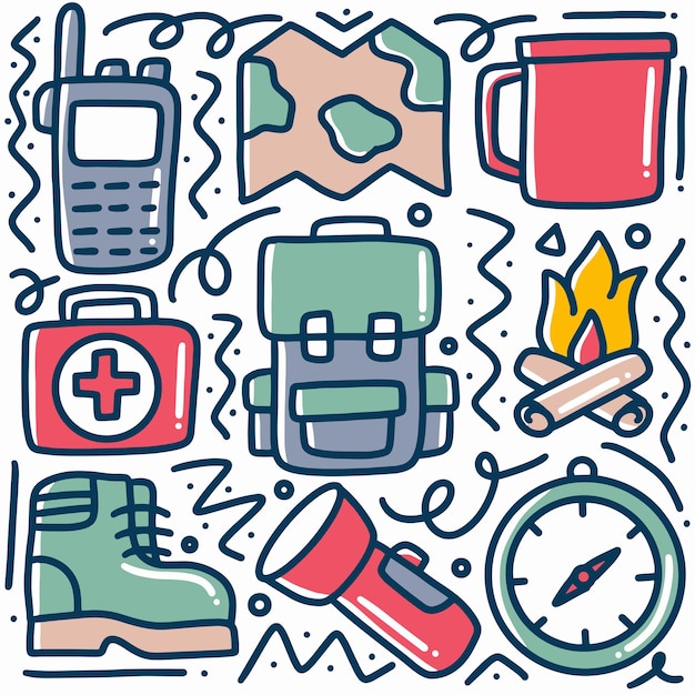 Doodle conjunto de herramientas de campamento dibujo a mano con iconos y elementos de diseño