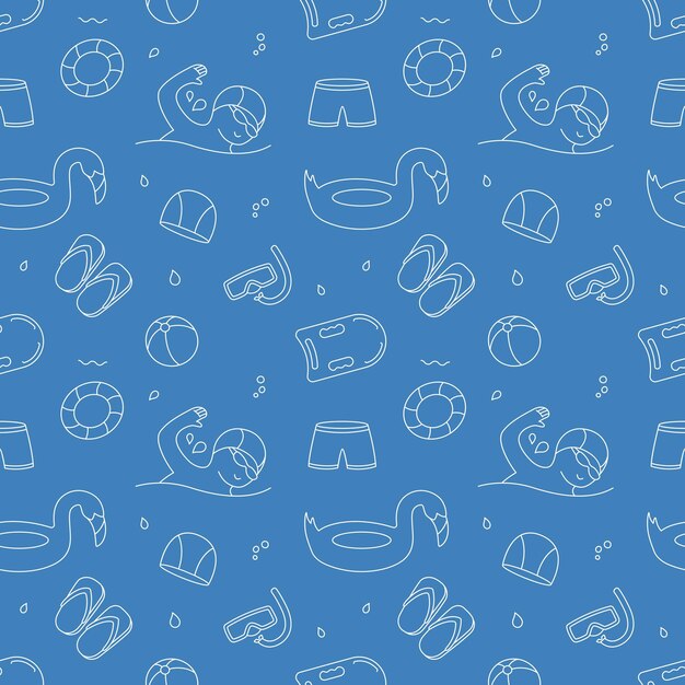 Doodle conjunto de herramientas de natación y objetos dibujados a mano ilustración vectorial