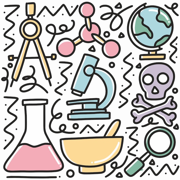 Doodle conjunto de herramientas de química dibujadas a mano con iconos y elementos de diseño