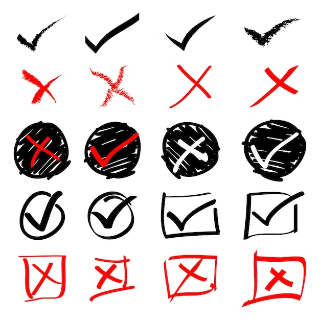 Doodle conjunto de marca de verificación y marca incorrecta. ilustración vectorial falsa y verdadera