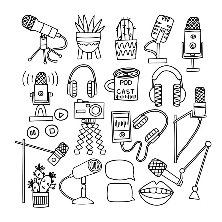 Vector doodle conjunto con micrófonos macetas flores auriculares podcast sonido grabación vector ilustración aislado sobre fondo blanco
