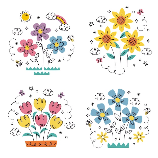 Doodle conjunto de pegatinas de flores y plantas dibujadas a mano