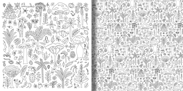 Doodle conjunto de plantas dibujadas a mano y fondos de pantalla de patrones sin fisuras con bosque