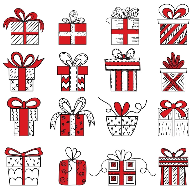 Doodle conjunto de regalos esquema vector aislado