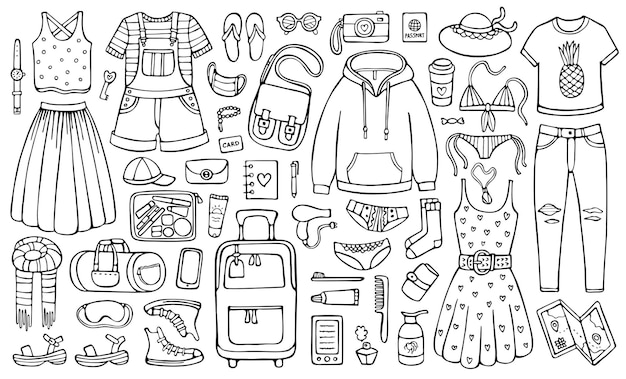 Vector doodle conjunto de ropa femenina maleta y otros objetos para vacaciones y vacaciones