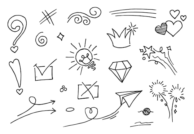 Vector doodle conjunto de vectores ilustración con vector de estilo de arte de línea de dibujo a mano. corona, rey, sol, flecha, corazón, amor, estrella, remolino, swoops, énfasis, para el diseño conceptual