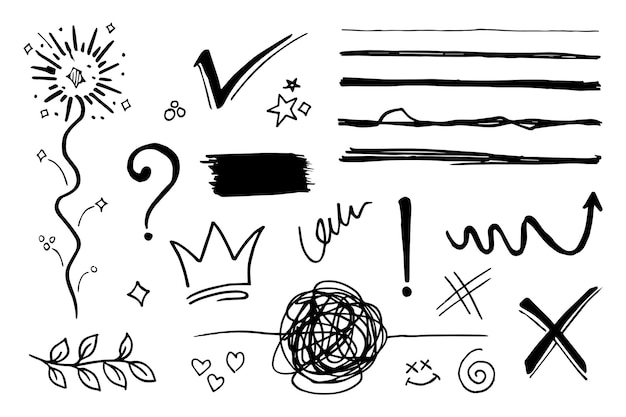 Vector doodle conjunto de vectores ilustración con vector de estilo de arte de línea de dibujo a mano. corona, rey, sol, flecha, corazón, amor, estrella, remolino, swoops, énfasis, para el diseño conceptual