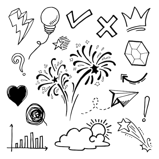 Doodle conjunto de vectores ilustración con vector de estilo de arte de línea de dibujo a mano. corona, rey, sol, flecha, corazón, amor, estrella, remolino, swoops, énfasis, para el diseño conceptual