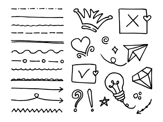 Doodle conjunto de vectores ilustración con vector de estilo de arte de línea de dibujo a mano. Corona, rey, sol, flecha, corazón, amor, estrella, remolino, swoops, énfasis, para el diseño conceptual